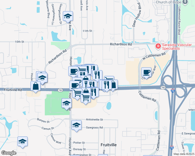map of restaurants, bars, coffee shops, grocery stores, and more near 5541 Fruitville Road in Sarasota
