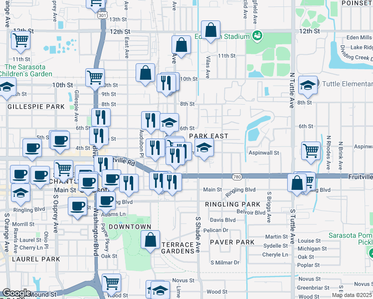 map of restaurants, bars, coffee shops, grocery stores, and more near 275 North Shade Avenue in Sarasota