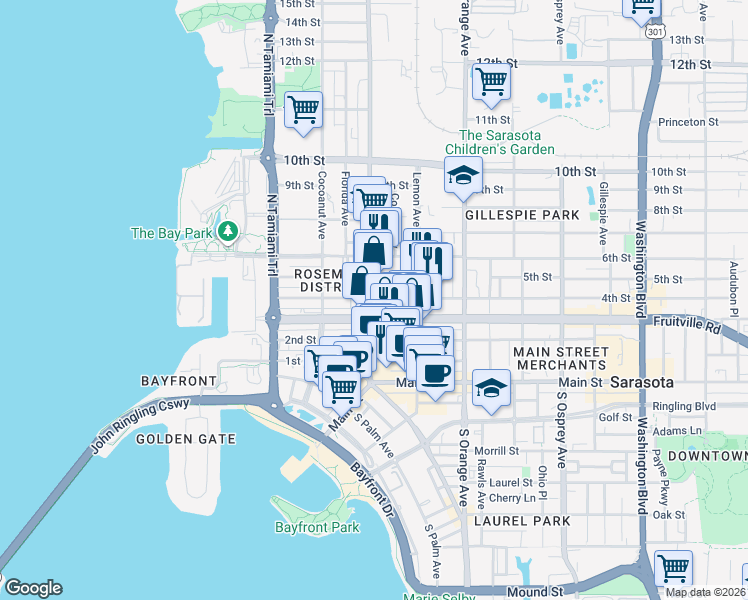 map of restaurants, bars, coffee shops, grocery stores, and more near in Sarasota