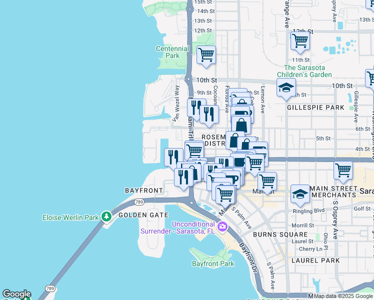 map of restaurants, bars, coffee shops, grocery stores, and more near 300 North Tamiami Trail in Sarasota