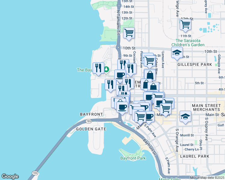map of restaurants, bars, coffee shops, grocery stores, and more near 475 Quay Commons in Sarasota