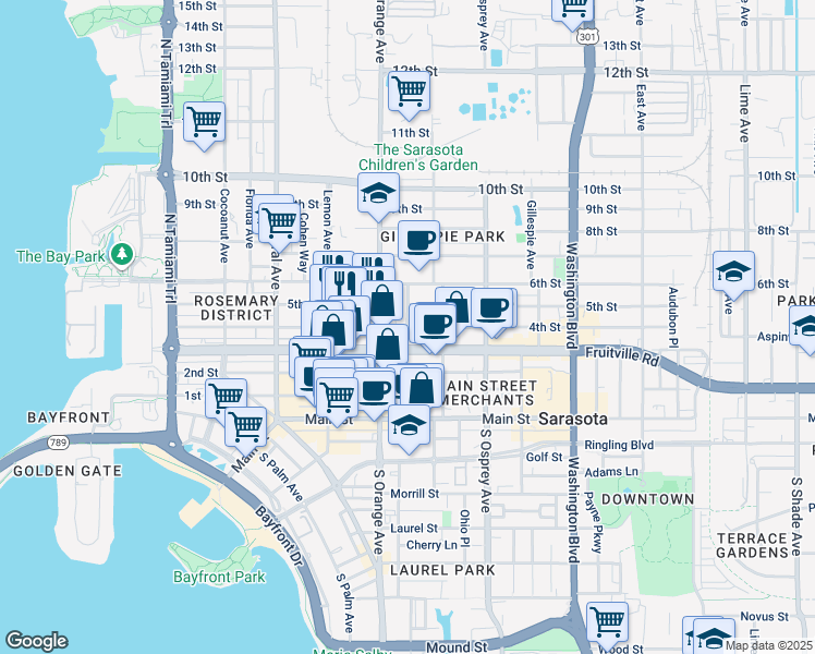 map of restaurants, bars, coffee shops, grocery stores, and more near 4th Street in Sarasota