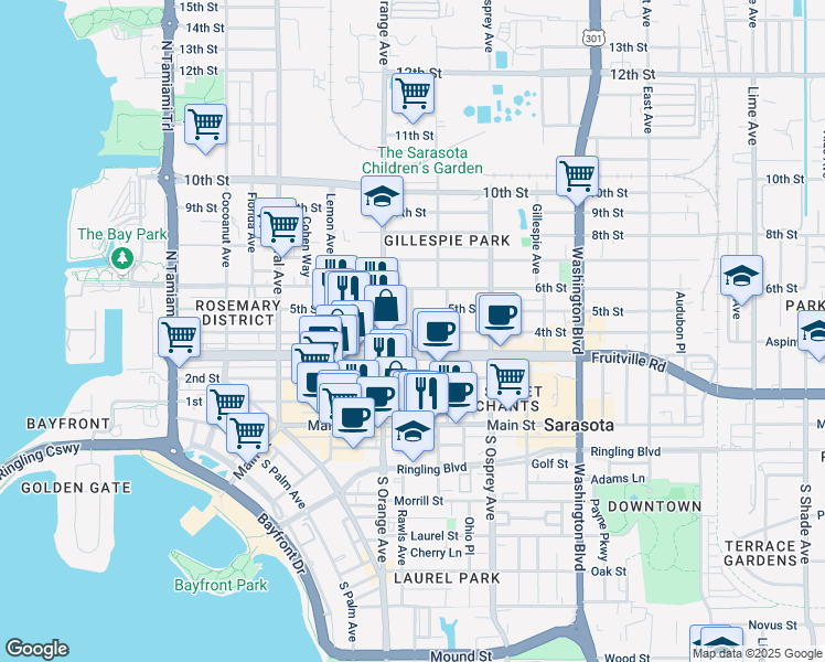 map of restaurants, bars, coffee shops, grocery stores, and more near 1645 Fruitville Road in Sarasota