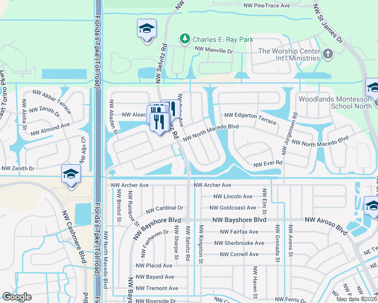 map of restaurants, bars, coffee shops, grocery stores, and more near 4172 Northwest Baletto Street in Port St. Lucie