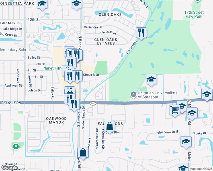 map of restaurants, bars, coffee shops, grocery stores, and more near 407 Barlow Avenue in Sarasota