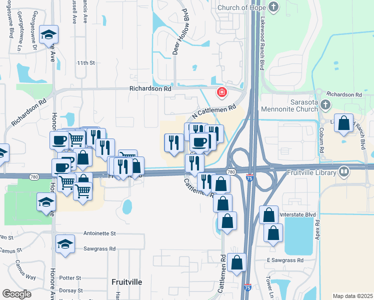map of restaurants, bars, coffee shops, grocery stores, and more near 340 North Cattlemen Road in Sarasota