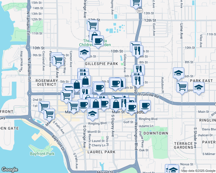 map of restaurants, bars, coffee shops, grocery stores, and more near 1745 4th Street in Sarasota