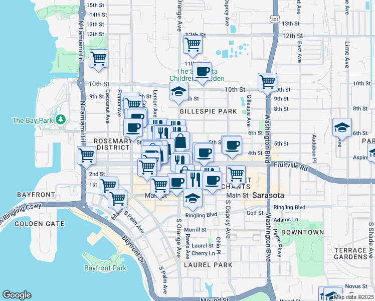 map of restaurants, bars, coffee shops, grocery stores, and more near 511 Adelia Avenue in Sarasota