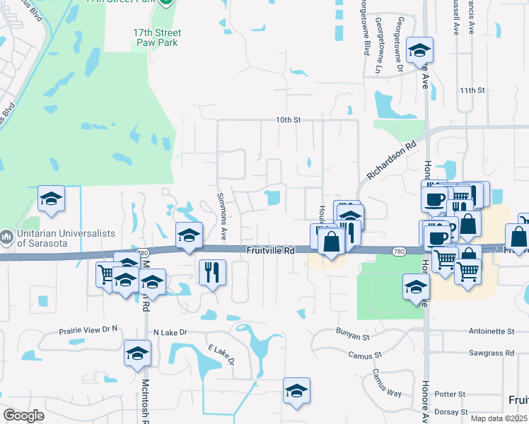 map of restaurants, bars, coffee shops, grocery stores, and more near 4720 Oak Hill Lane in Sarasota