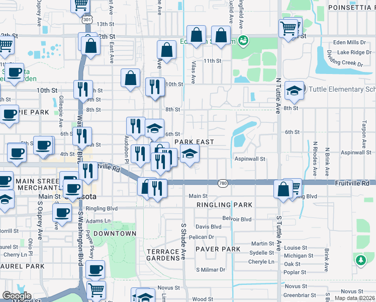 map of restaurants, bars, coffee shops, grocery stores, and more near 456 Seeds Avenue in Sarasota