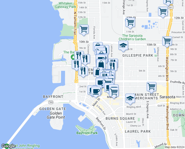 map of restaurants, bars, coffee shops, grocery stores, and more near 1350 5th Street in Sarasota