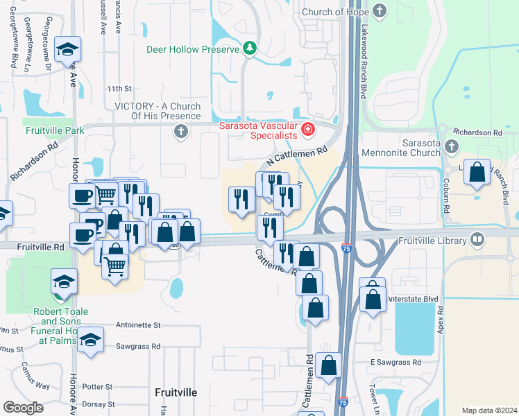 map of restaurants, bars, coffee shops, grocery stores, and more near 401 North Cattlemen Road in Sarasota