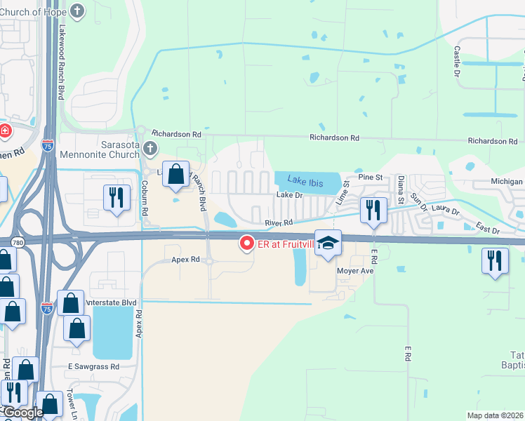 map of restaurants, bars, coffee shops, grocery stores, and more near Lake Drive in Sarasota