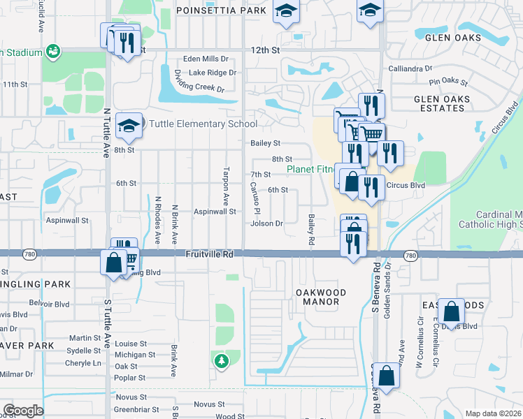 map of restaurants, bars, coffee shops, grocery stores, and more near 518 Caruso Place in Sarasota