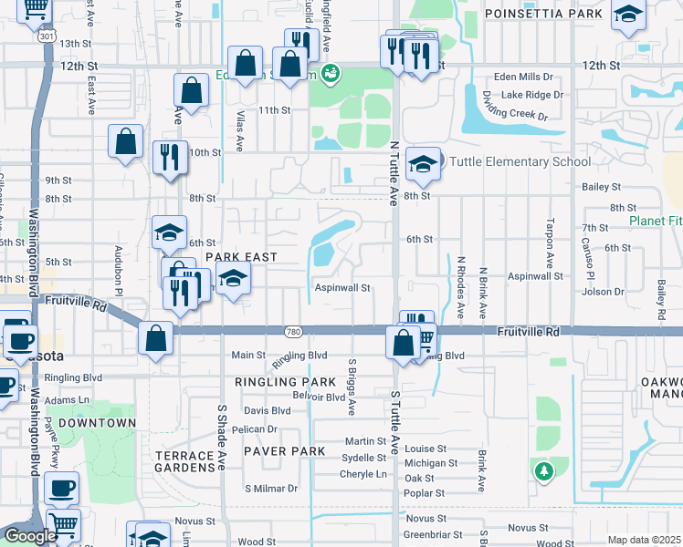 map of restaurants, bars, coffee shops, grocery stores, and more near 413 North Briggs Avenue in Sarasota