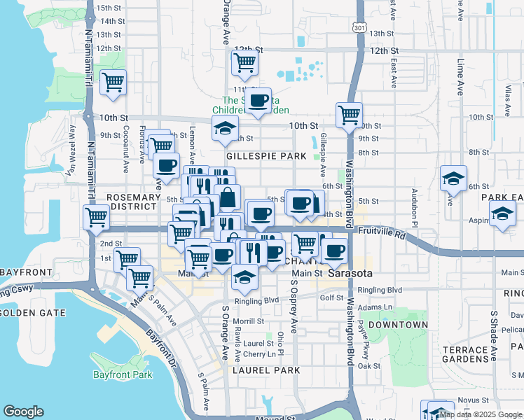 map of restaurants, bars, coffee shops, grocery stores, and more near 1706 5th Street in Sarasota
