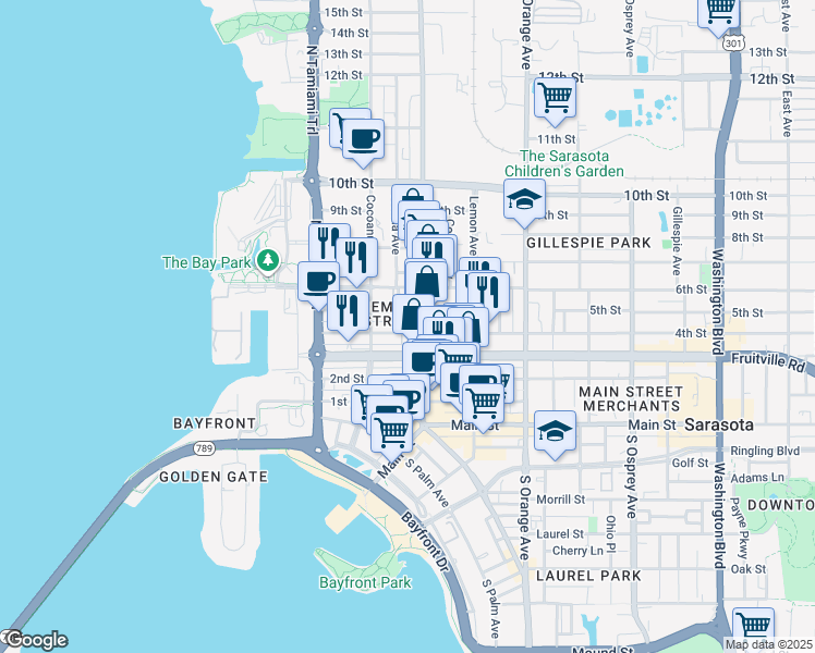 map of restaurants, bars, coffee shops, grocery stores, and more near 1350 5th Street in Sarasota