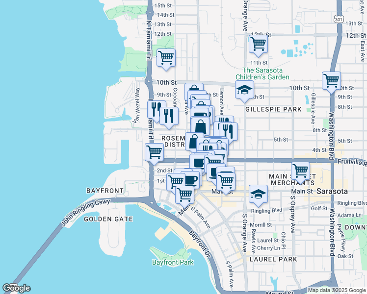 map of restaurants, bars, coffee shops, grocery stores, and more near 1350 5th Street in Sarasota