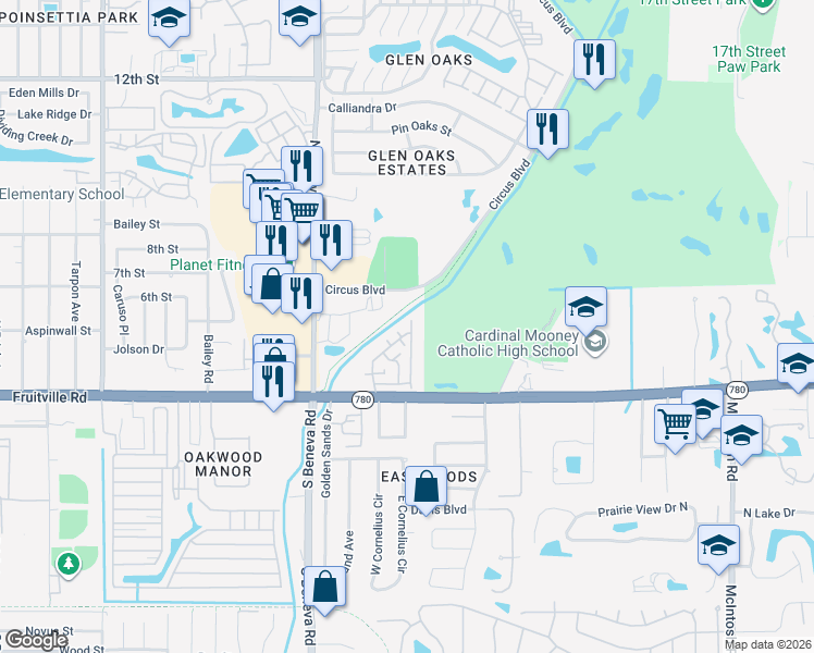 map of restaurants, bars, coffee shops, grocery stores, and more near 407 Barlow Avenue in Sarasota