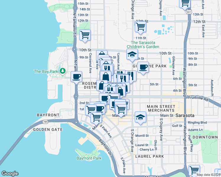 map of restaurants, bars, coffee shops, grocery stores, and more near 1445 4th Street in Sarasota