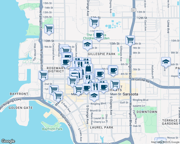 map of restaurants, bars, coffee shops, grocery stores, and more near 511 Adelia Avenue in Sarasota