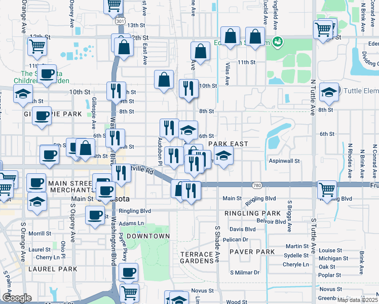 map of restaurants, bars, coffee shops, grocery stores, and more near 502 North Lime Avenue in Sarasota