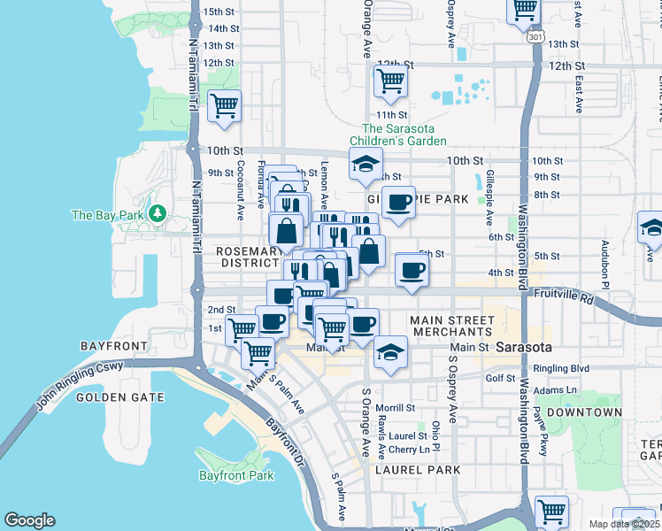 map of restaurants, bars, coffee shops, grocery stores, and more near 506 North Lemon Avenue in Sarasota