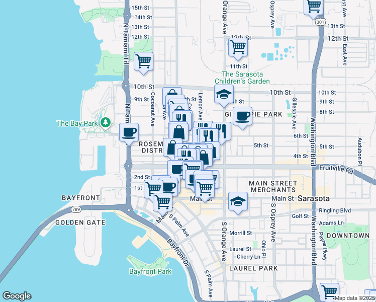 map of restaurants, bars, coffee shops, grocery stores, and more near 1445 4th Street in Sarasota