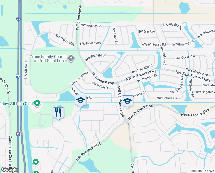map of restaurants, bars, coffee shops, grocery stores, and more near 6165 Northwest Gatun Drive in Port St. Lucie