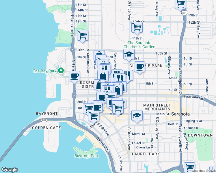 map of restaurants, bars, coffee shops, grocery stores, and more near 1421 5th Street in Sarasota