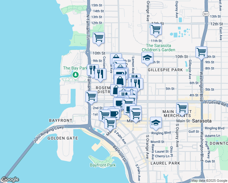 map of restaurants, bars, coffee shops, grocery stores, and more near 1350 5th Street in Sarasota