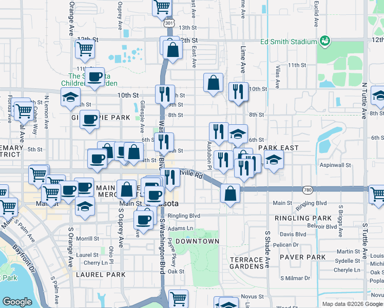 map of restaurants, bars, coffee shops, grocery stores, and more near 2077 5th Street in Sarasota