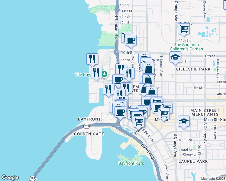 map of restaurants, bars, coffee shops, grocery stores, and more near 900 Sarasota Quay in Sarasota