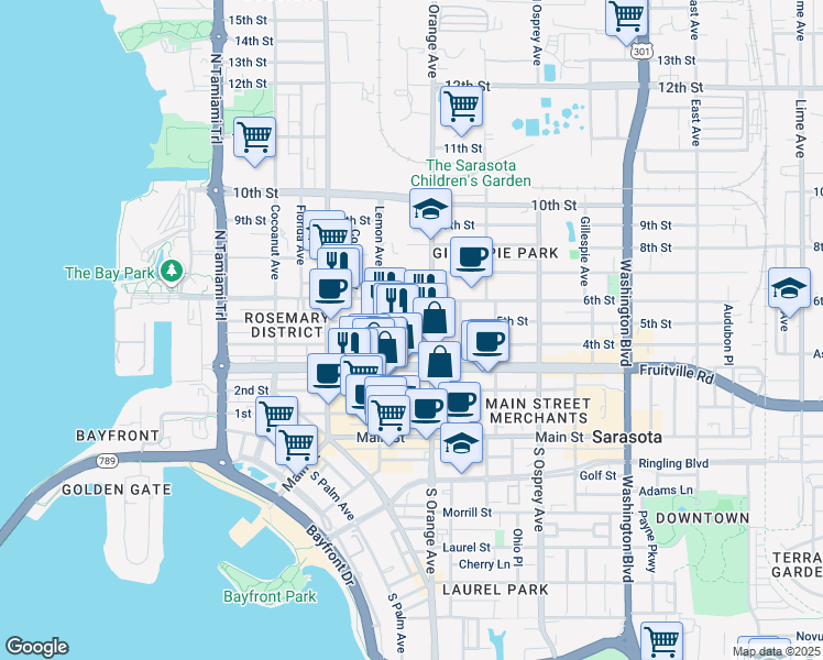 map of restaurants, bars, coffee shops, grocery stores, and more near 505 North Orange Avenue in Sarasota