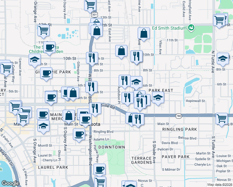 map of restaurants, bars, coffee shops, grocery stores, and more near 509 Audubon Place in Sarasota