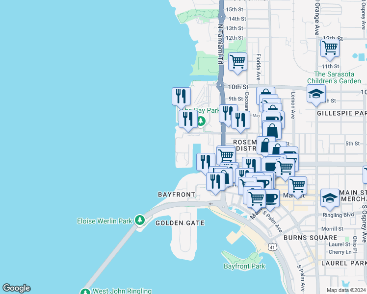 map of restaurants, bars, coffee shops, grocery stores, and more near Boulevard of the Arts in Sarasota