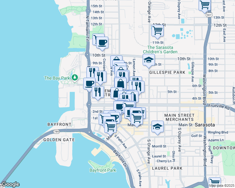 map of restaurants, bars, coffee shops, grocery stores, and more near 427 Central Avenue in Sarasota