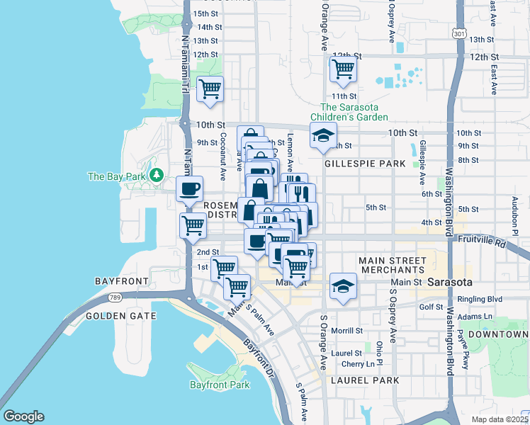 map of restaurants, bars, coffee shops, grocery stores, and more near 1421 5th Street in Sarasota