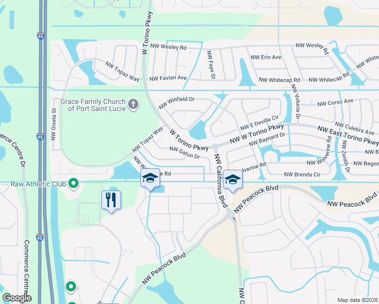 map of restaurants, bars, coffee shops, grocery stores, and more near 6165 Northwest Gatun Drive in Port St. Lucie