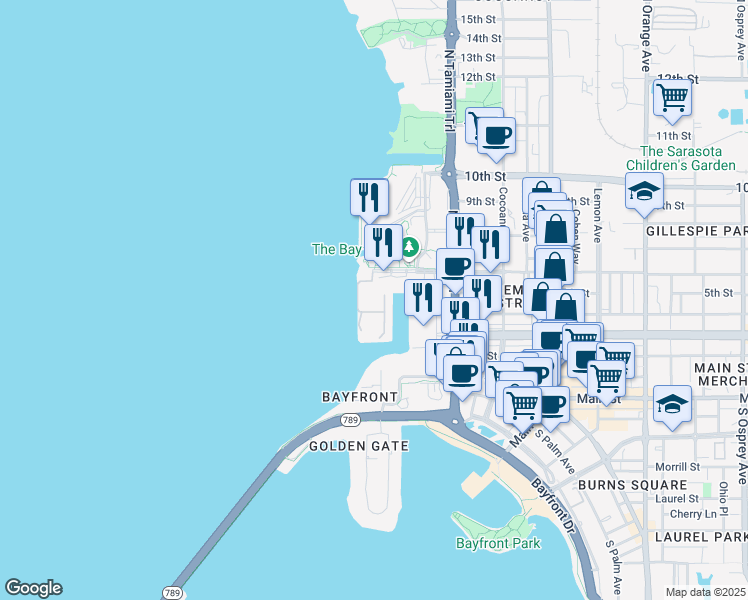 map of restaurants, bars, coffee shops, grocery stores, and more near Boulevard of the Arts in Sarasota