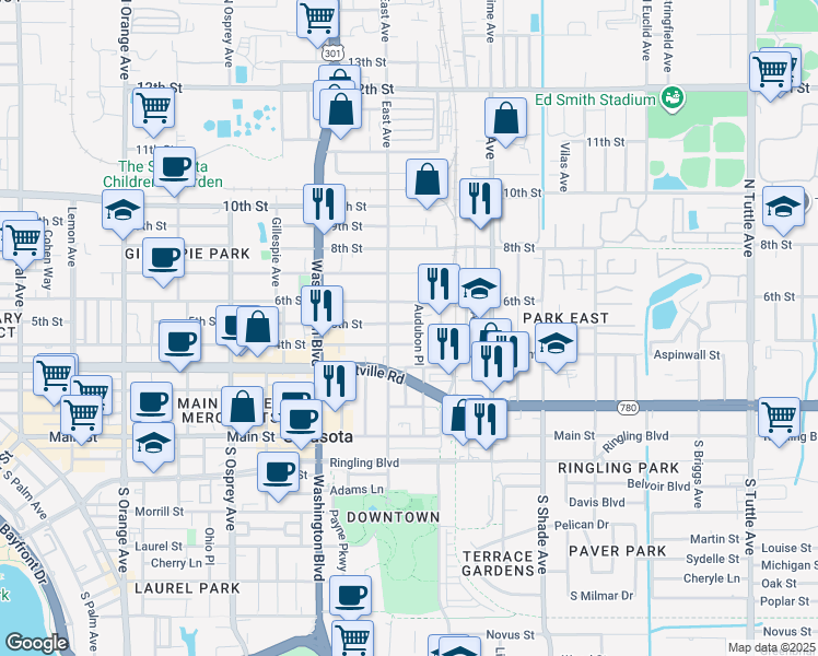 map of restaurants, bars, coffee shops, grocery stores, and more near 509 Audubon Place in Sarasota