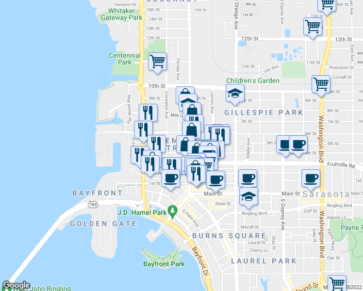 map of restaurants, bars, coffee shops, grocery stores, and more near 1350 5th Street in Sarasota