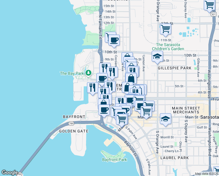 map of restaurants, bars, coffee shops, grocery stores, and more near in Sarasota