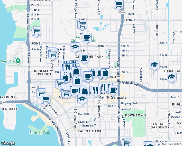 map of restaurants, bars, coffee shops, grocery stores, and more near 1706 5th Street in Sarasota