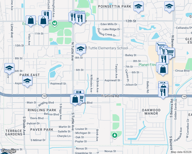 map of restaurants, bars, coffee shops, grocery stores, and more near 417 North Brink Avenue in Sarasota