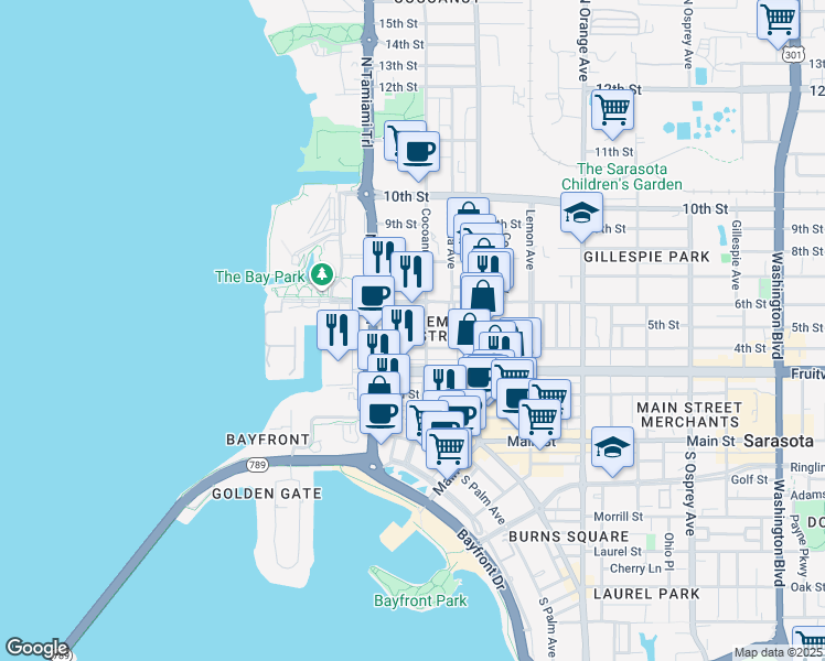 map of restaurants, bars, coffee shops, grocery stores, and more near in Sarasota
