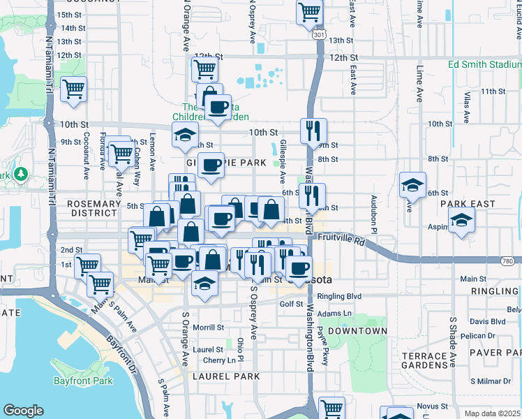 map of restaurants, bars, coffee shops, grocery stores, and more near 449 North Osprey Avenue in Sarasota