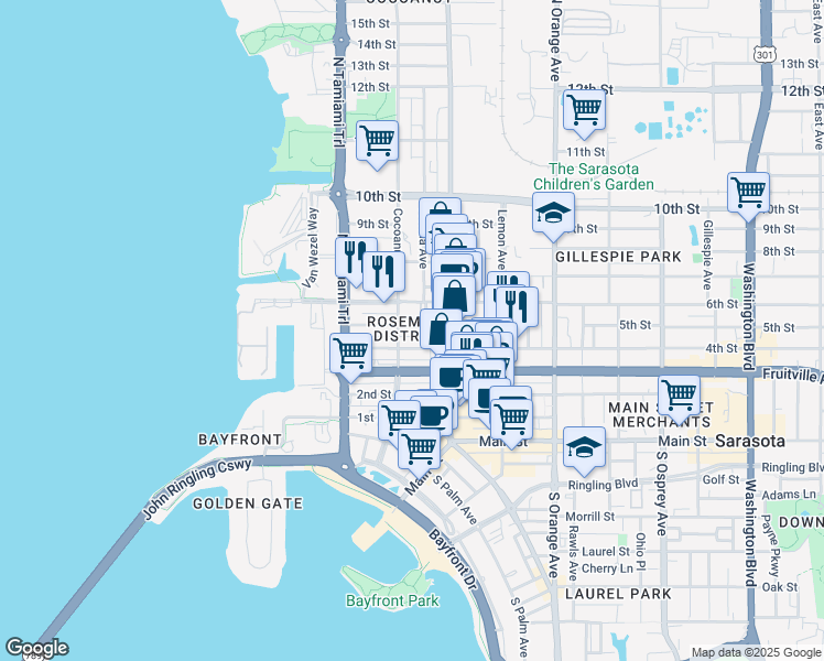 map of restaurants, bars, coffee shops, grocery stores, and more near 1350 5th Street in Sarasota