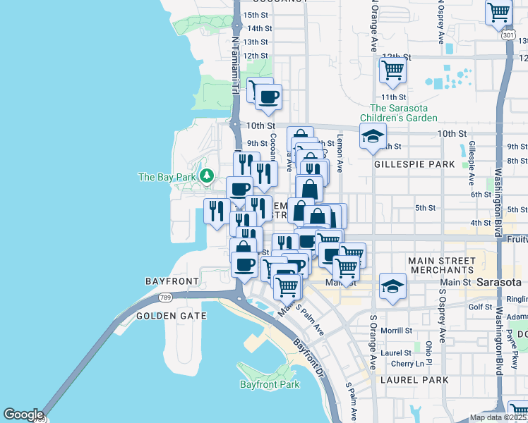 map of restaurants, bars, coffee shops, grocery stores, and more near in Sarasota