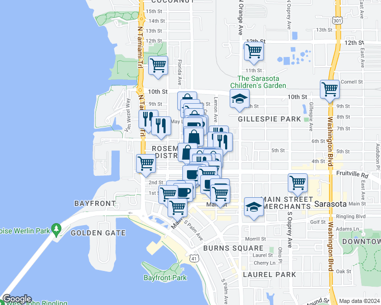 map of restaurants, bars, coffee shops, grocery stores, and more near 423 Central Avenue in Sarasota